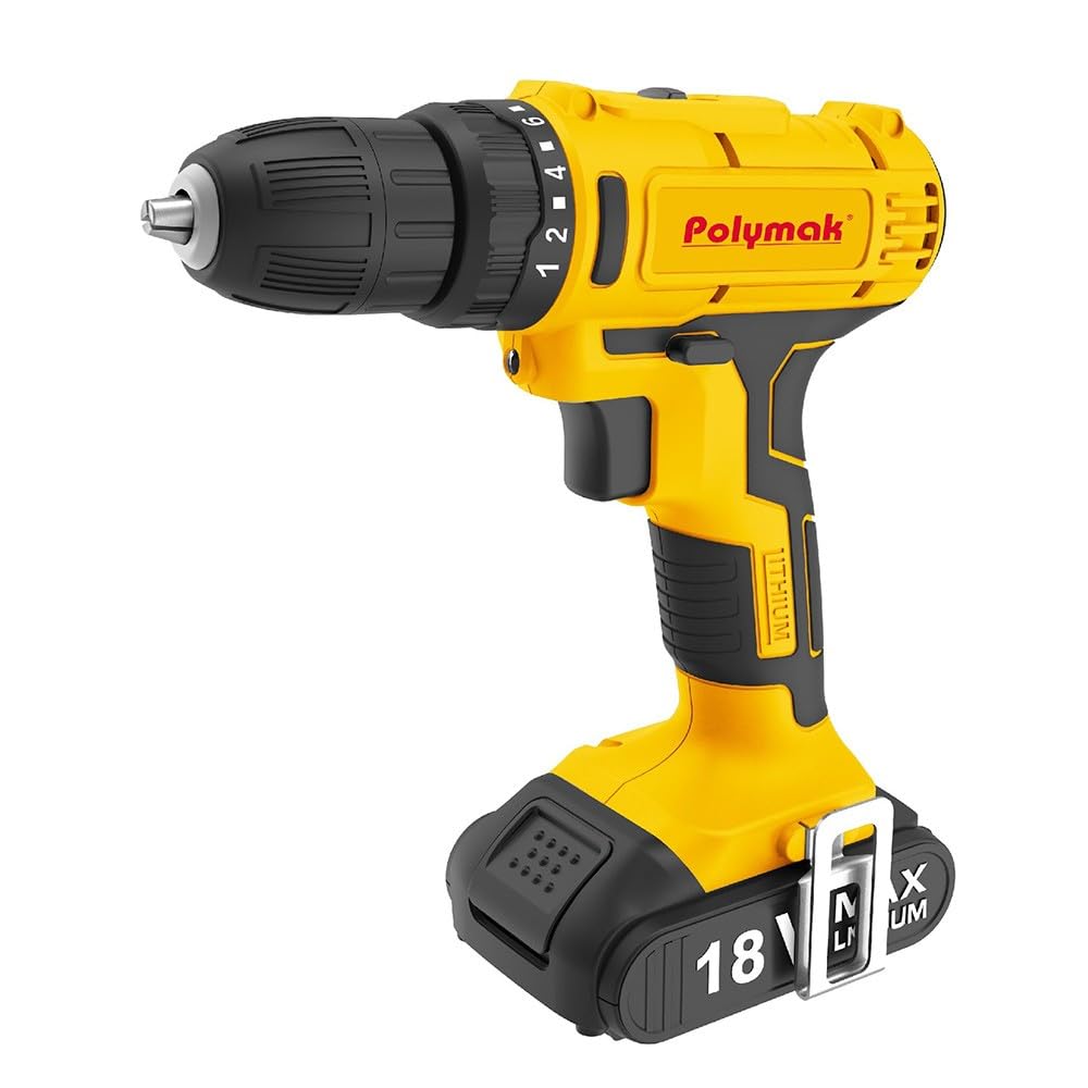PM-CDD-18V2B | Professional Cordless Drill Driver | 18V Battery | 1,300 RPM Drill Machine | 10 mm Chuck | 28 Nm Torque | For Wood, Metal Drilling | 1.2 kg Lightweight | 6-Month Warranty | Yellow